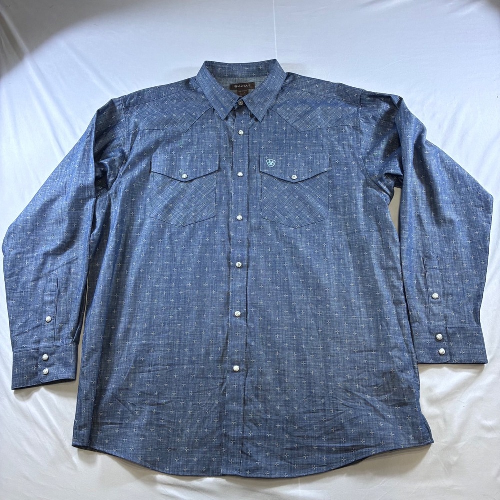 Ariat Mens XL Blue Geometric Print Western Pearl Snap Long Sleeve Shirt